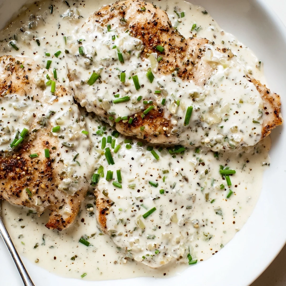 Cream cheese chicken smothered in rich Parmesan sauce ready to serve