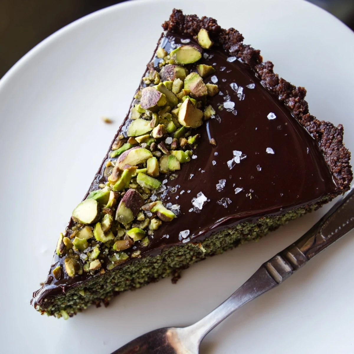 Dark chocolate pistachio tart with glossy ganache topped with crushed green nuts