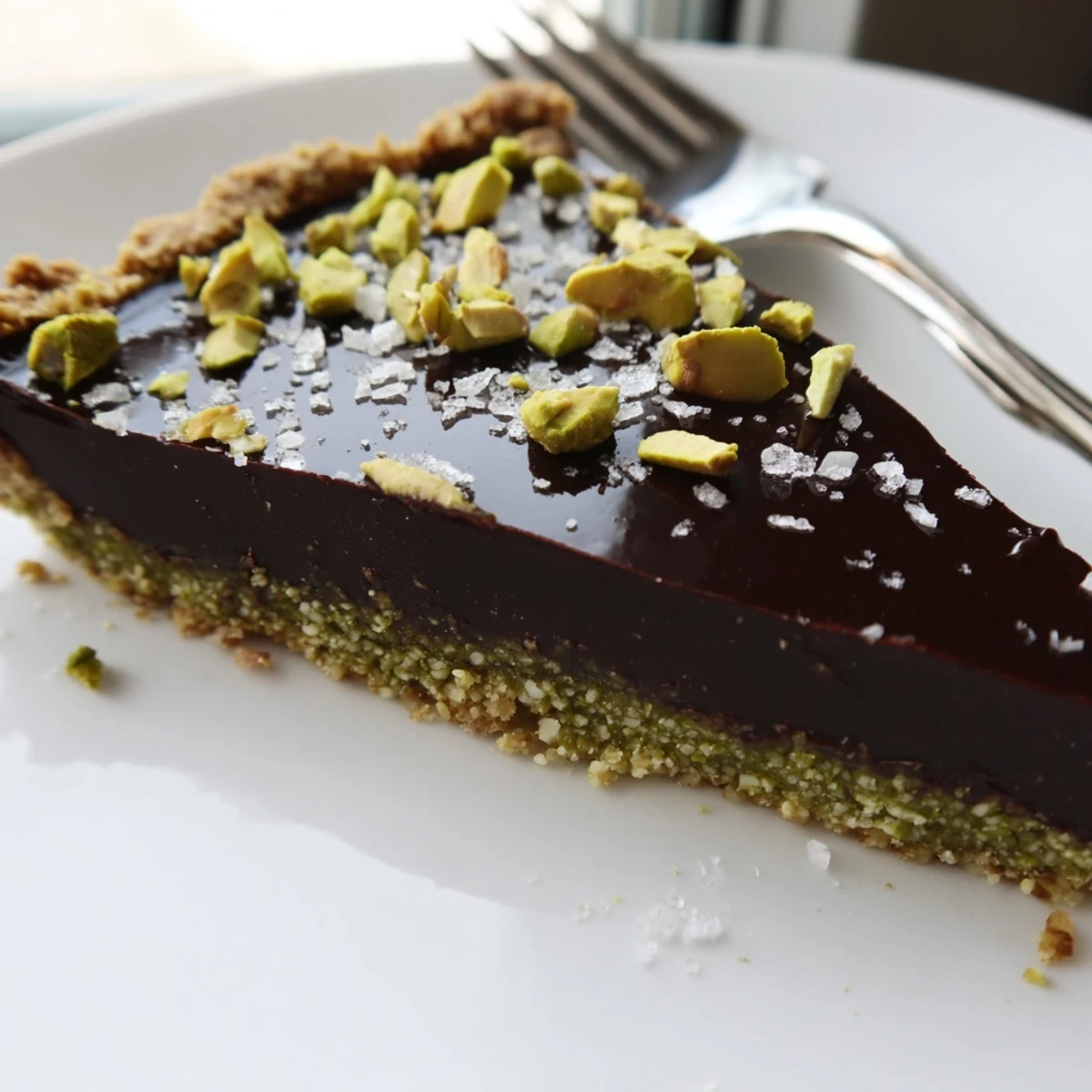 Silky dark chocolate pistachio tart sliced and plated on a white ceramic dish