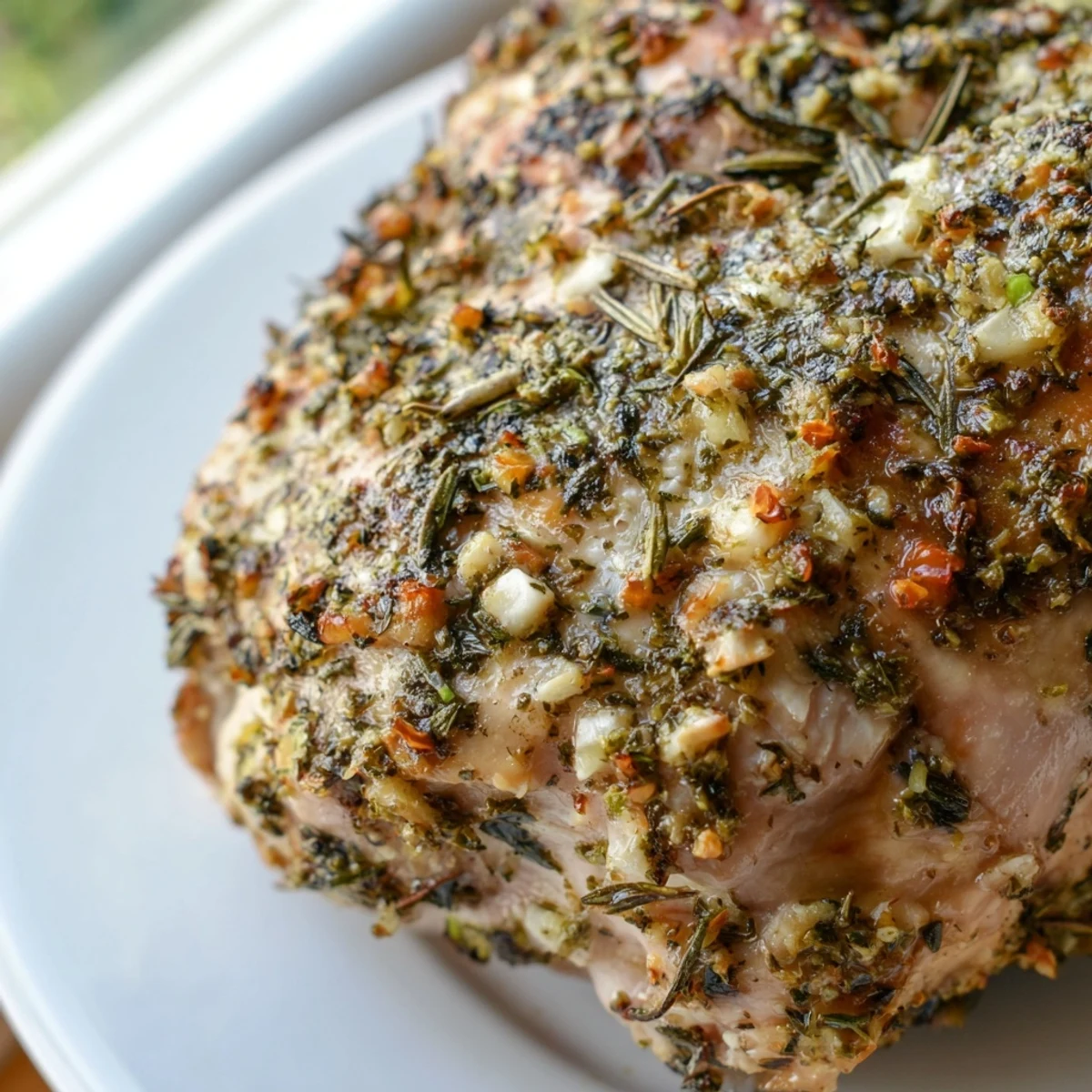 Golden savory garlic herb chicken fresh from the oven with fragrant rosemary and thyme