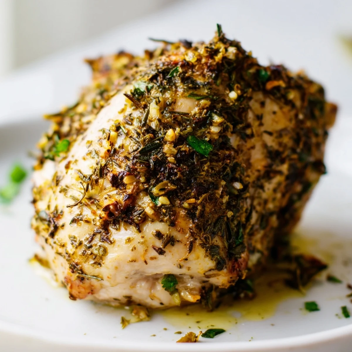 Juicy savory garlic herb chicken sliced open revealing tender meat with lemon and parsley garnish
