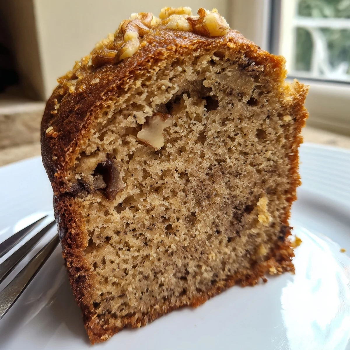 Golden banana cake slice topped with creamy frosting on a rustic plate