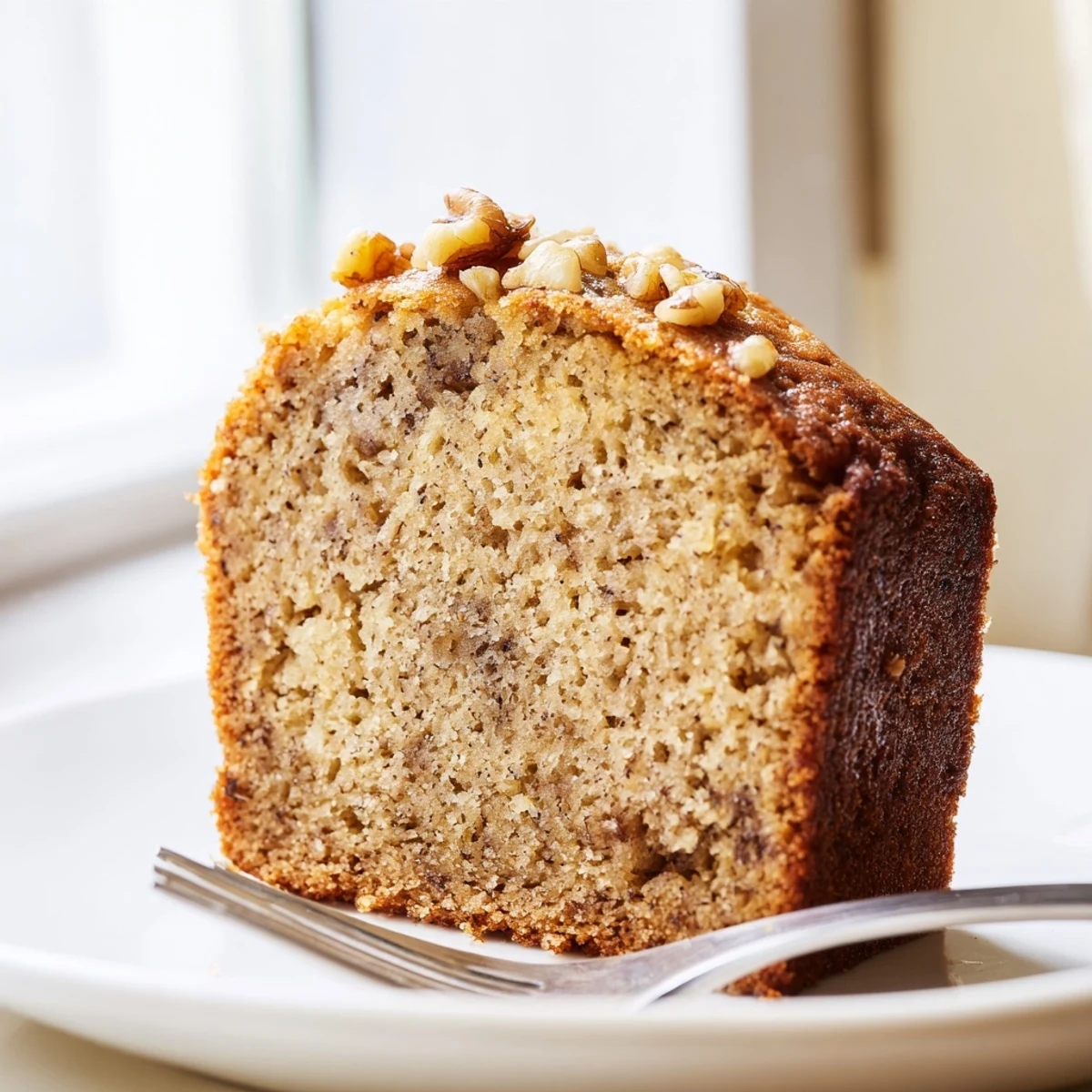 Moist banana cake with cracked golden crown cooling on a wire rack
