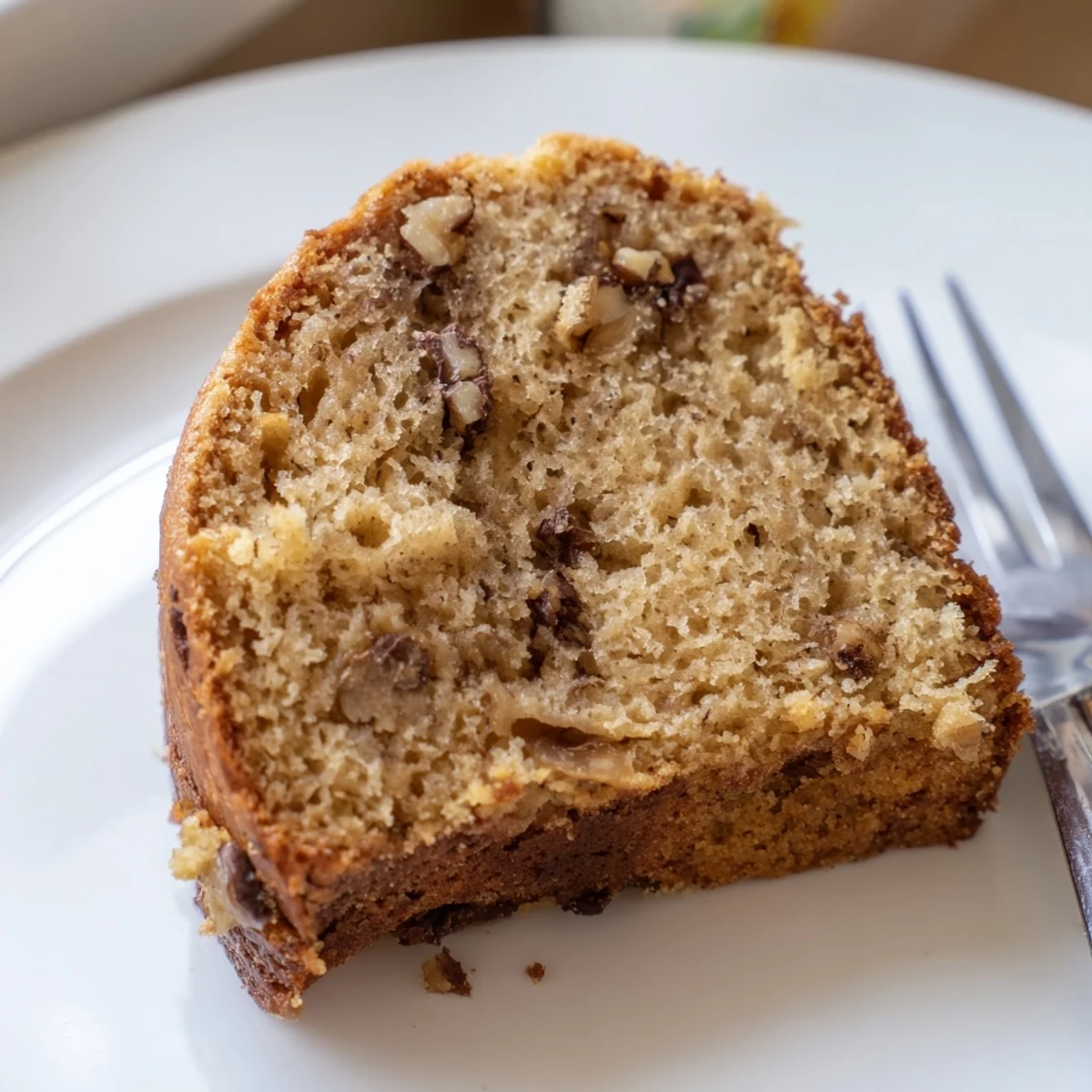Warm banana cake square served on a plate beside fresh ripe bananas