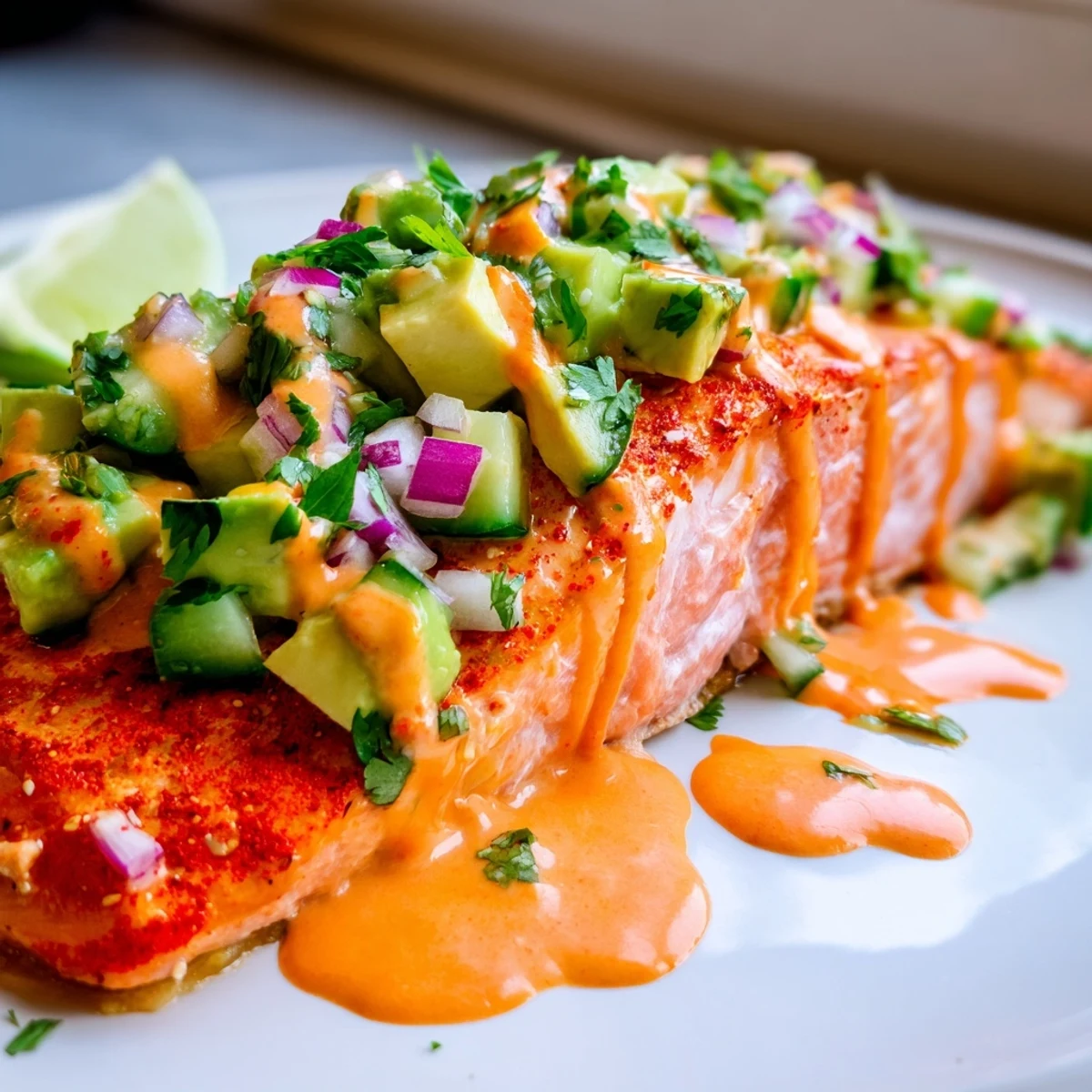 Golden baked bang bang salmon drizzled with creamy sauce and fresh green salsa