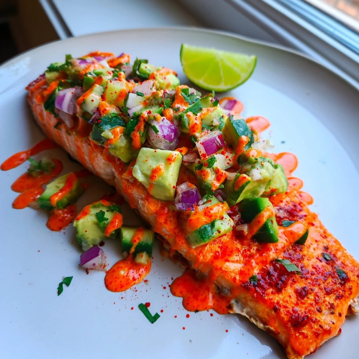 Spicy bang bang salmon topped with cool avocado cucumber salsa on a white plate