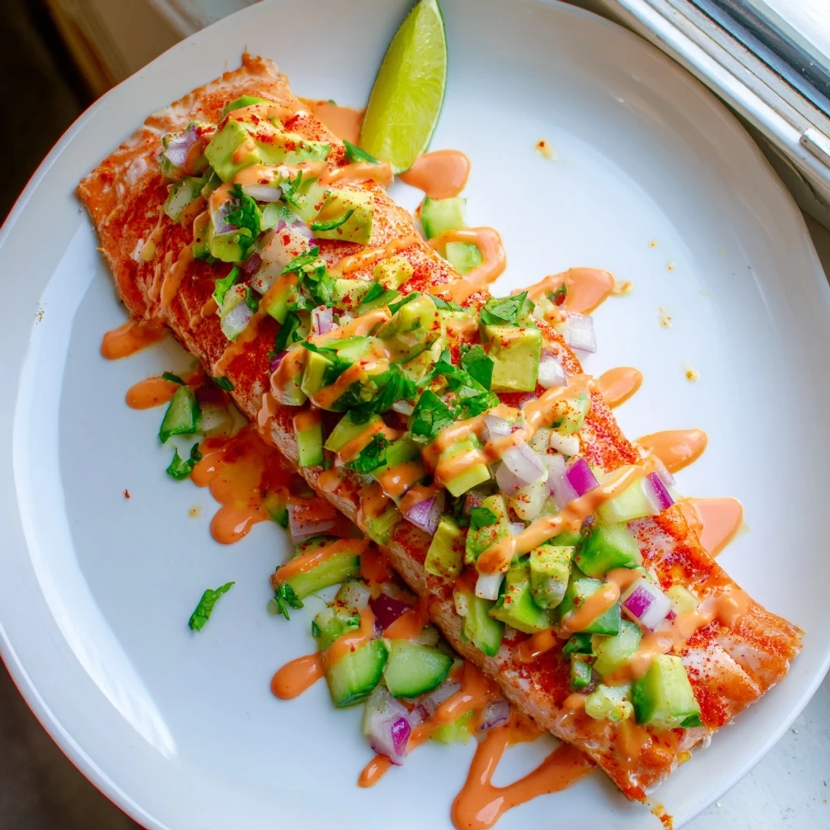 Crisp avocado cucumber salsa spooned over perfectly cooked bang bang salmon fillets