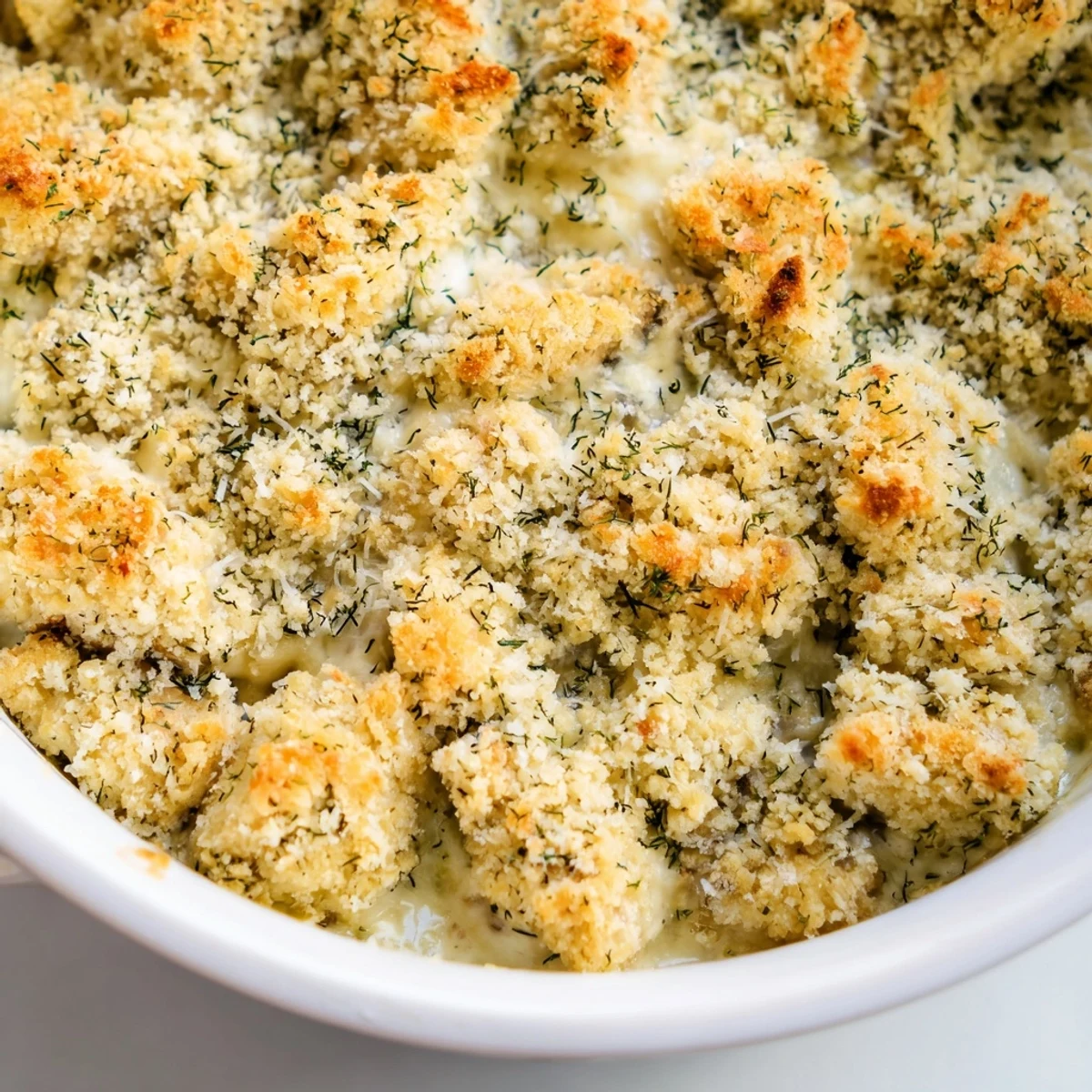 Golden crispy Chicken Kiev Casserole bubbling with melted garlic herb butter sauce