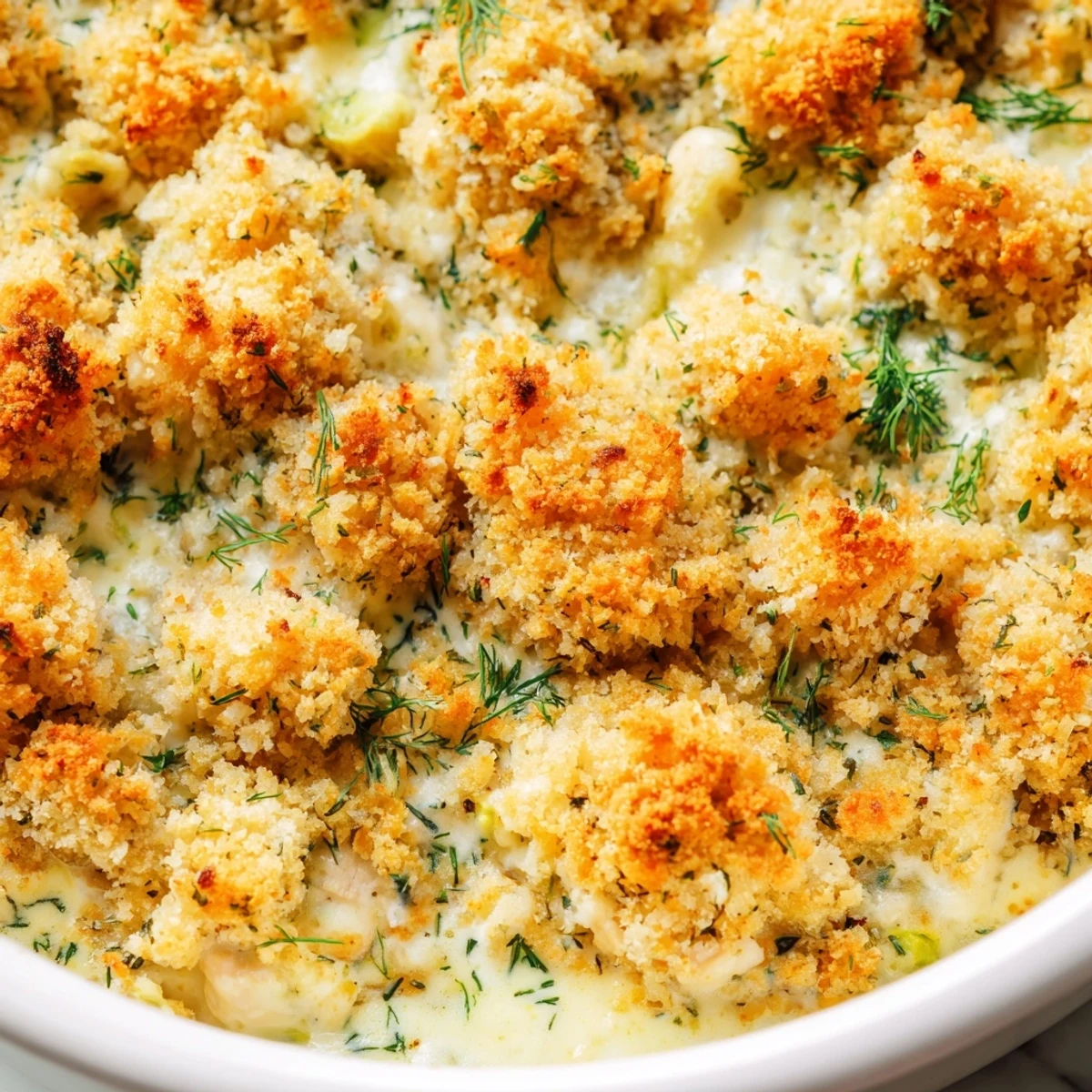 Creamy Chicken Kiev Casserole with crunchy panko topping fresh from the oven