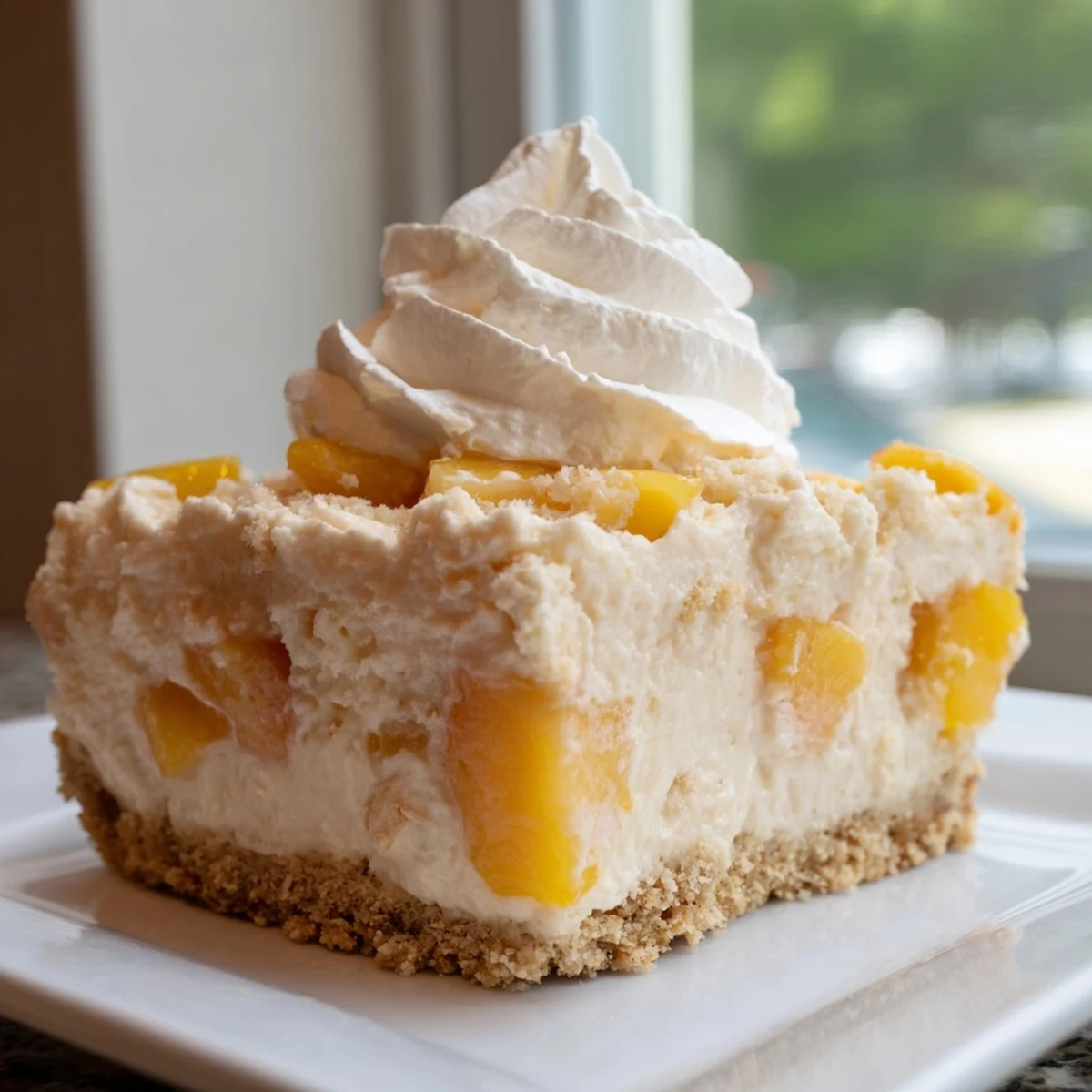 Golden Peaches and Cream Cheesecake Bars sliced on a rustic summer dessert board
