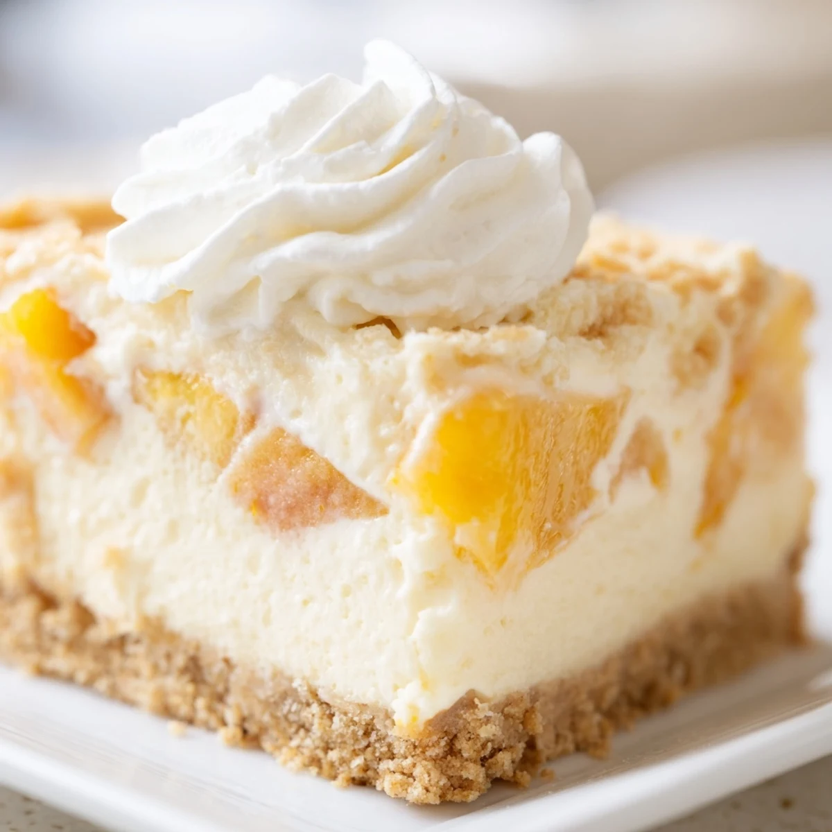 Creamy Peaches and Cream Cheesecake Bars topped with whipped dollops and ripe peach slices