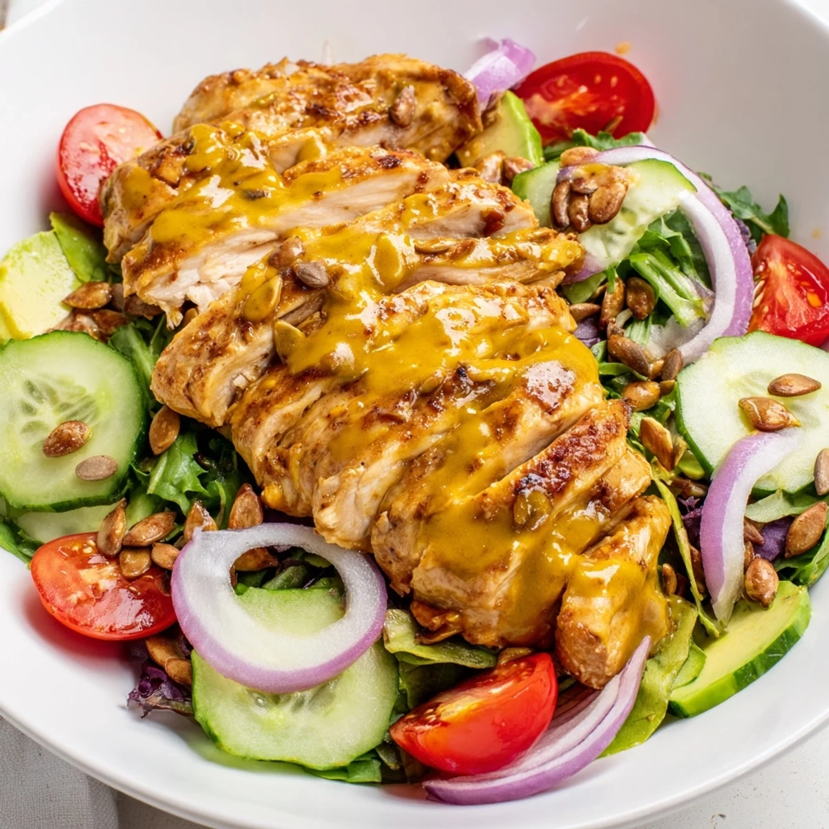Creamy honey mustard chicken salad draped in golden dressing over crisp greens