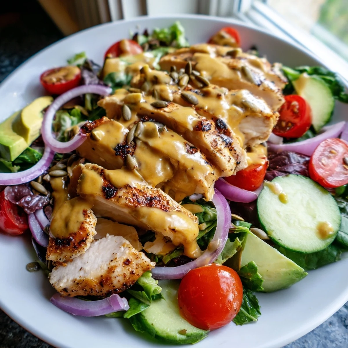 Creamy honey mustard chicken salad topped with ripe avocado and sunflower seeds