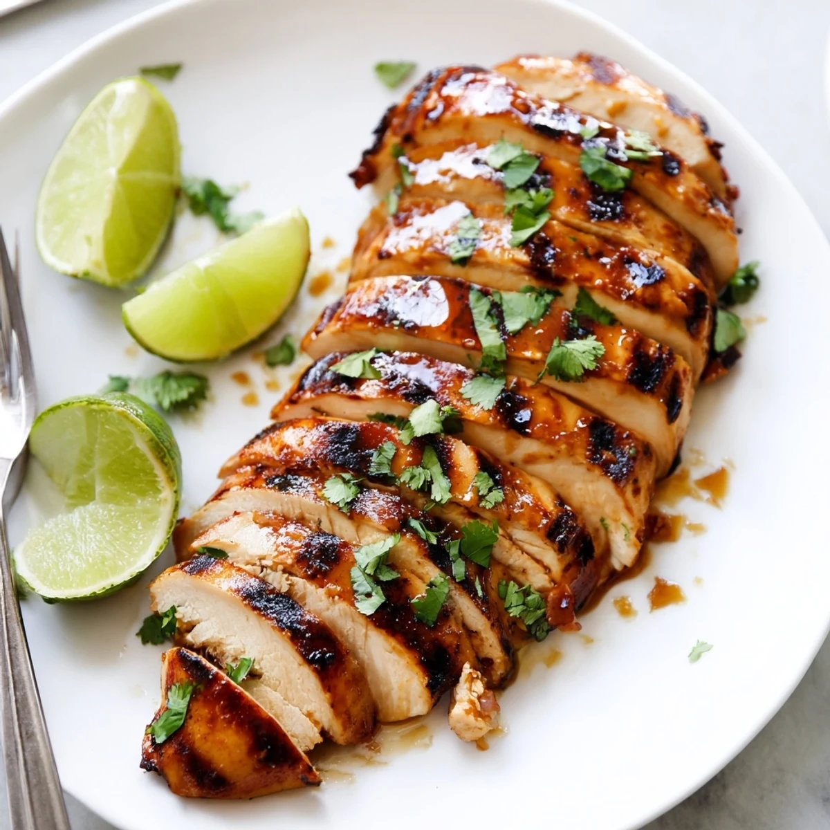 Golden grilled honey lime chicken with fresh cilantro and lime wedges on a white plate
