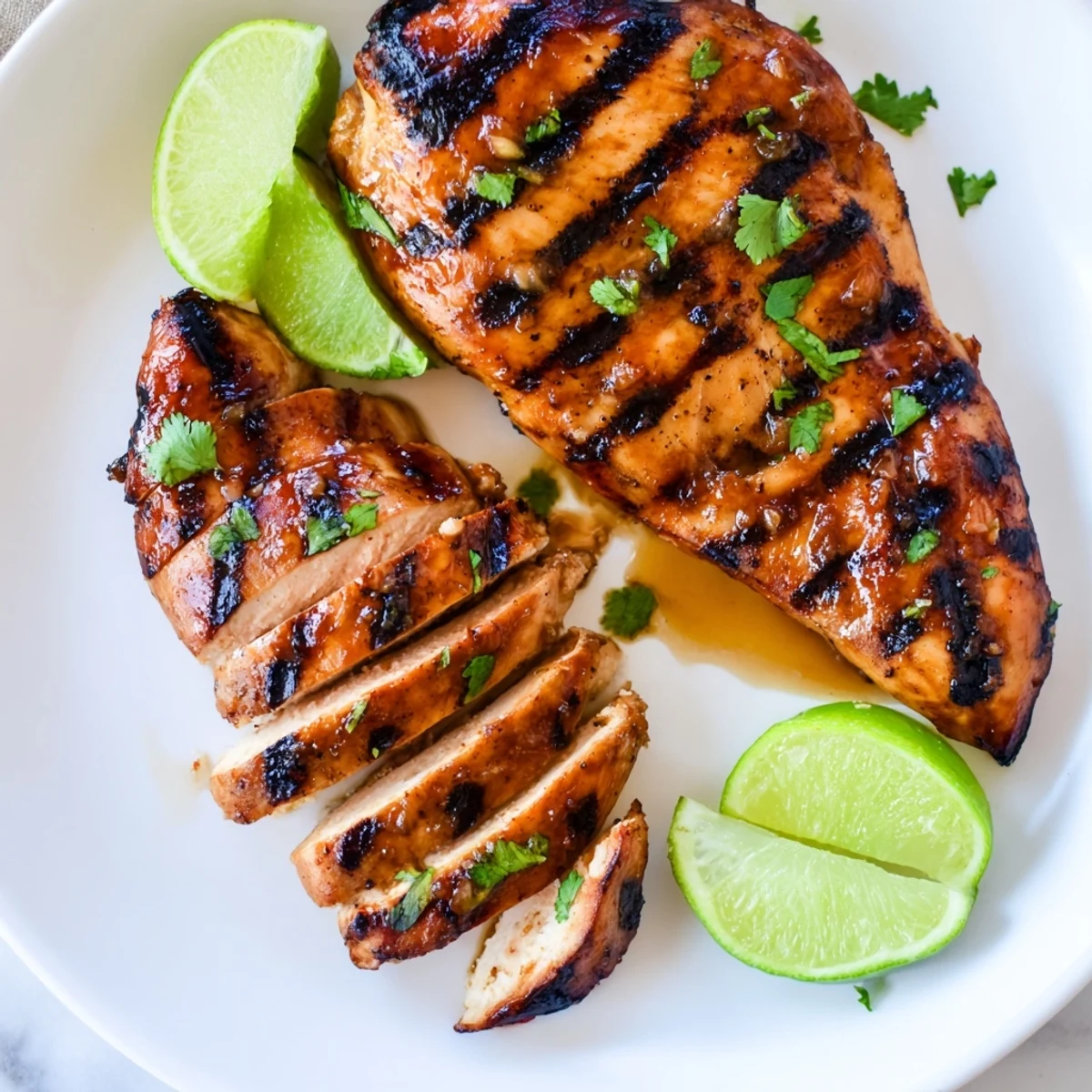 Honey lime chicken breasts sizzling on a grill pan with charred edges and vibrant garnish