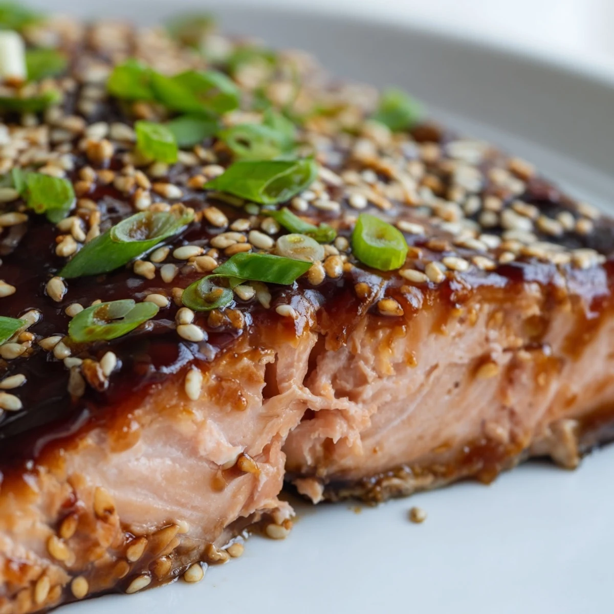 Glossy baked Asian salmon with sesame seeds and green onions on a white plate