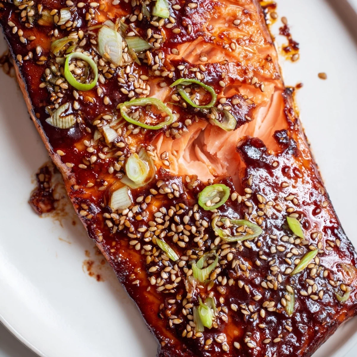 Golden baked Asian salmon fillet glazed and flaking on a parchment-lined baking sheet