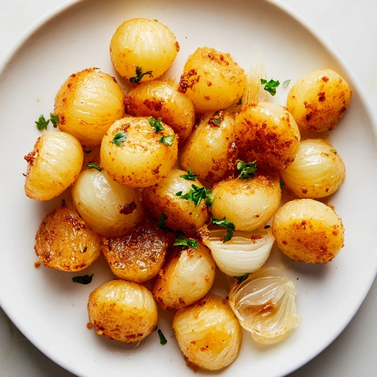 Air fried pearl onions glistening with olive oil on a rustic serving plate