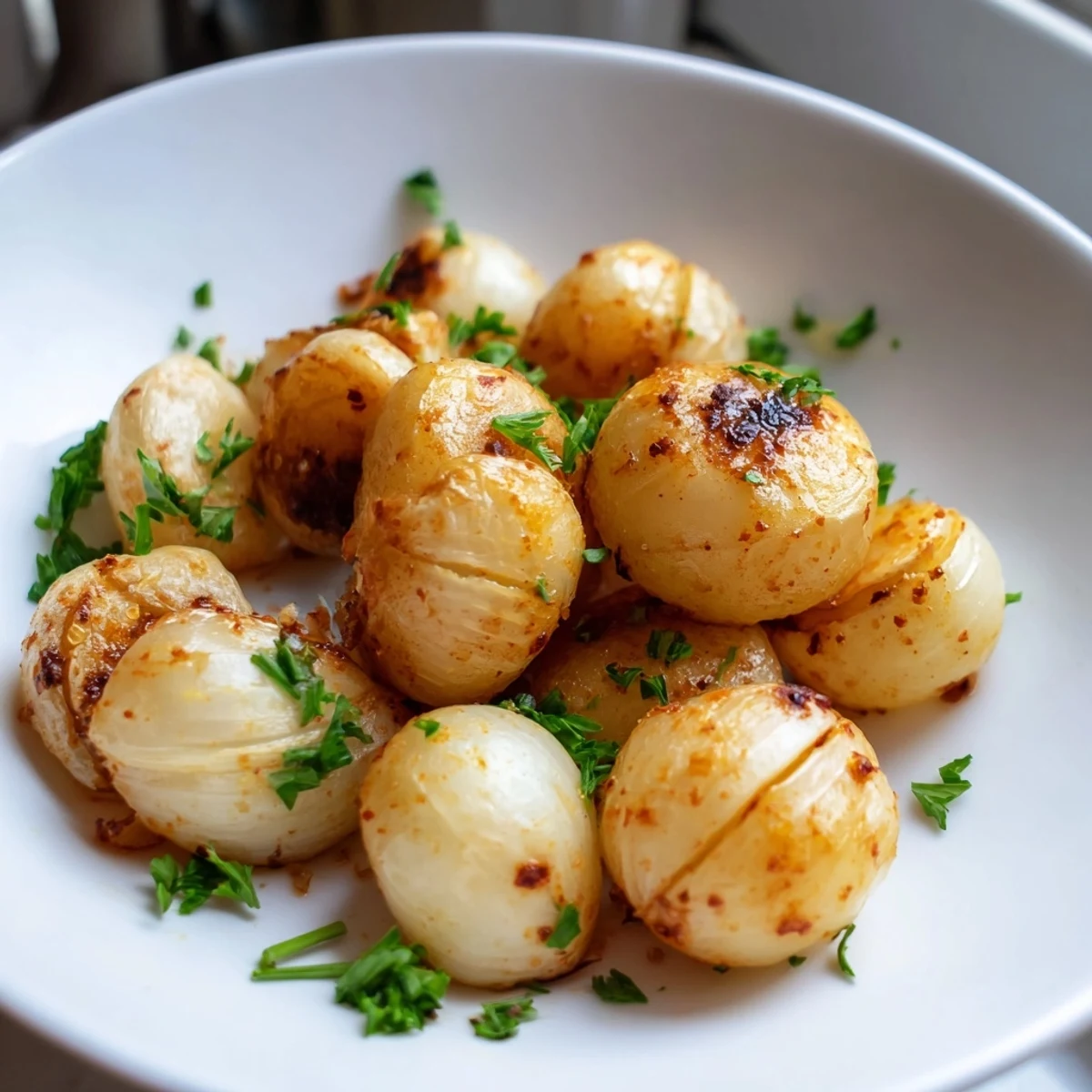 Tender caramelized air fried pearl onions with charred edges piled in a dish