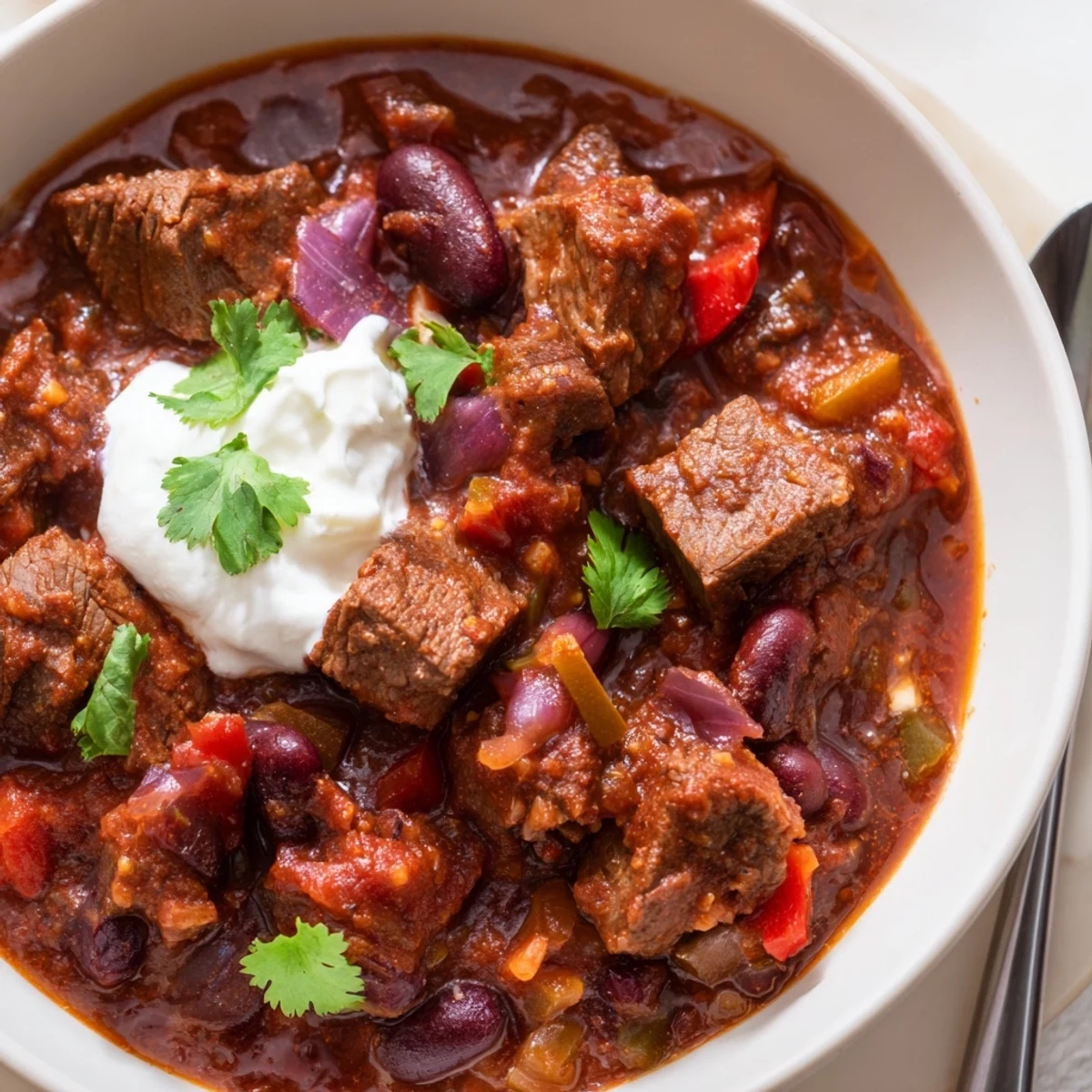 Hearty beefy chili stew in a rustic bowl topped with fresh cilantro and shredded cheddar cheese