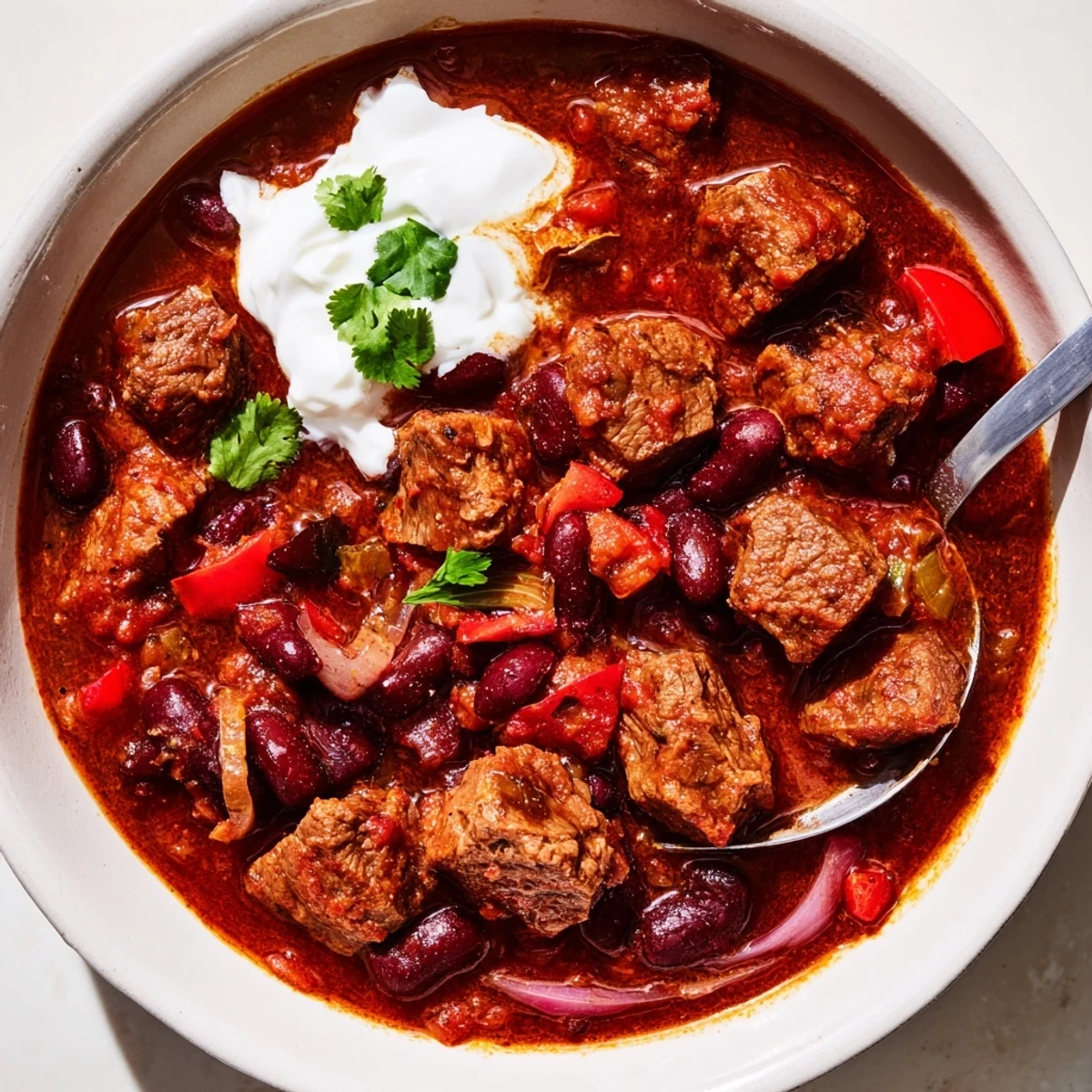 Steaming beefy chili stew with tender beef chunks, beans, and a golden cornbread side on a checkered cloth