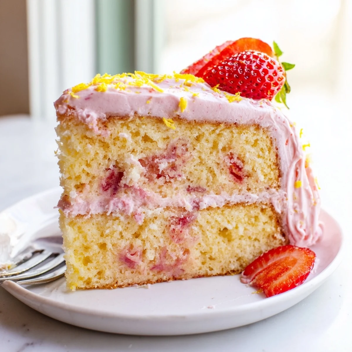 Frosted strawberry lemonade cake topped with fresh berries and bright lemon zest