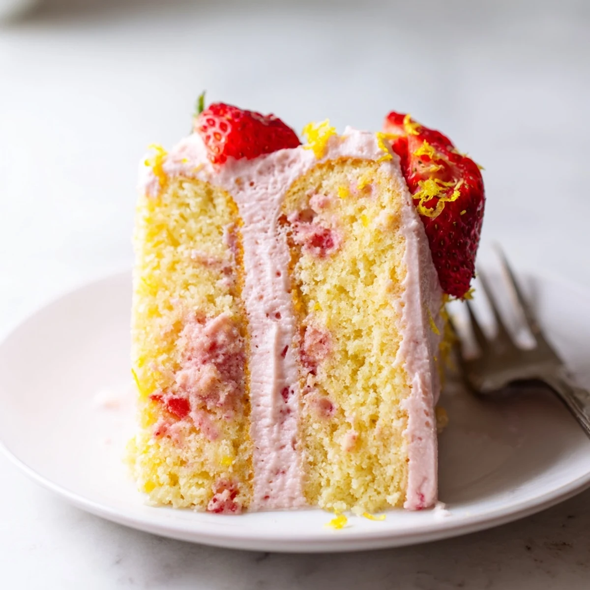 Pink strawberry lemonade frosting swirls over a double-layer summer dessert cake