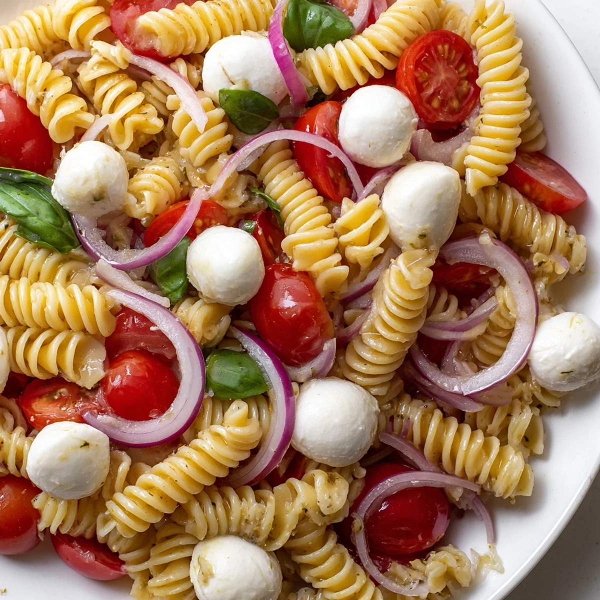 Bowl of Caprese Pasta Salad with ripe tomatoes, creamy mozzarella, and fresh basil leaves drizzled with balsamic dressing