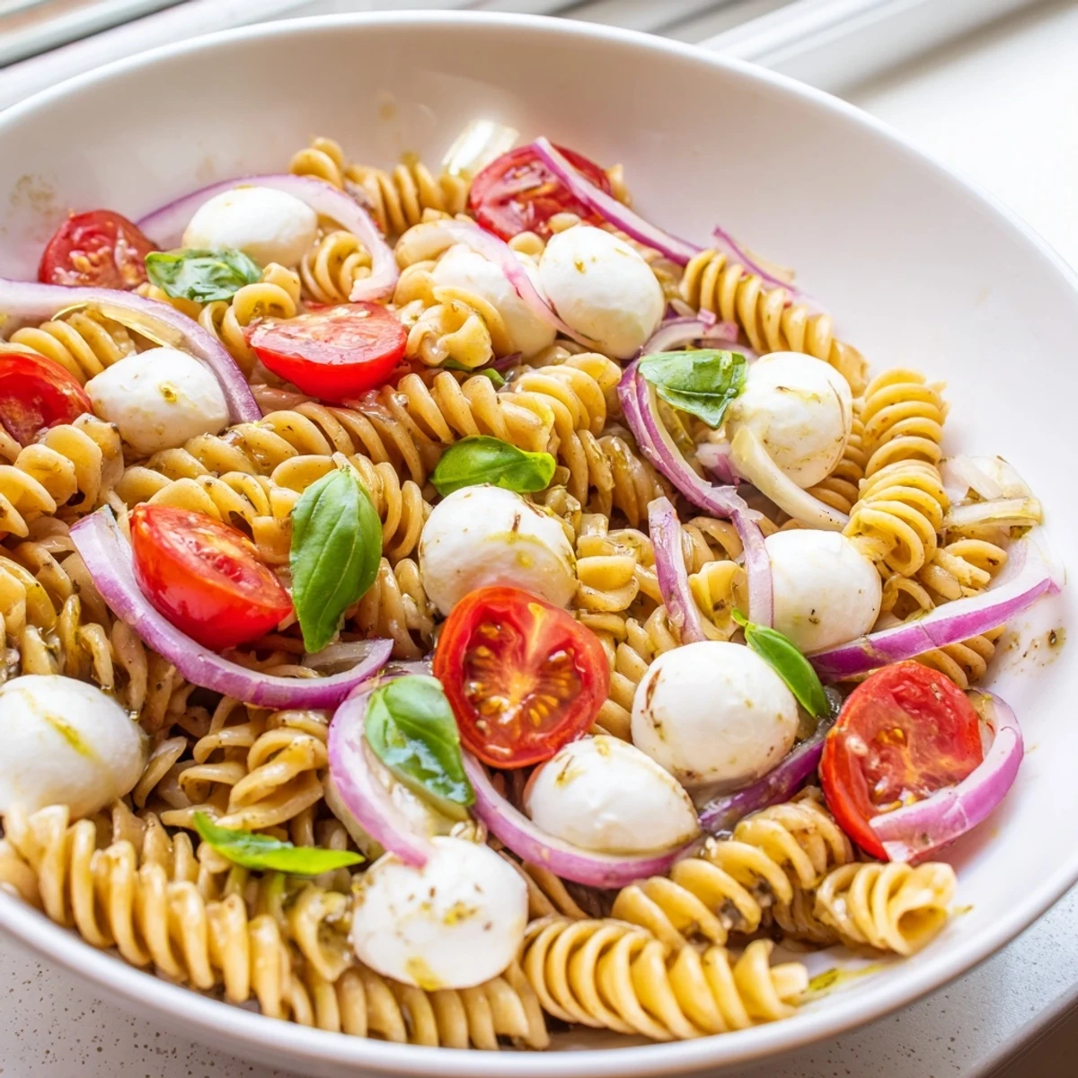 Caprese Pasta Salad served on a rustic wooden table showcasing juicy cherry tomatoes and pillowy mozzarella balls