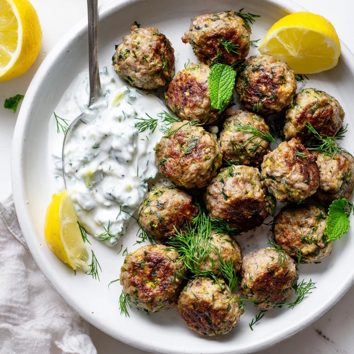 Golden Greek turkey meatballs with herby tzatziki sauce drizzled on a rustic white plate