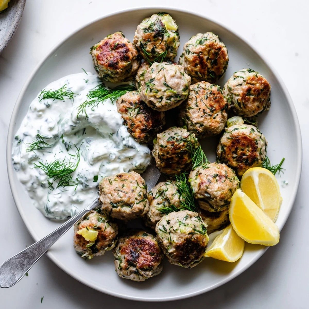 Juicy herb-flecked Greek turkey meatballs nestled beside cool, creamy cucumber tzatziki for dipping