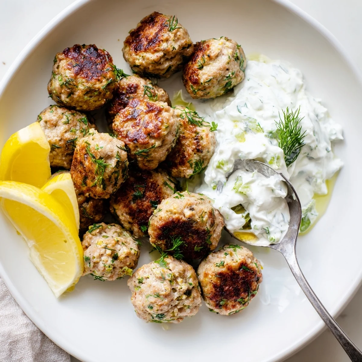 Sizzling skillet of Greek turkey meatballs served with bright lemon wedges and chilled tzatziki sauce