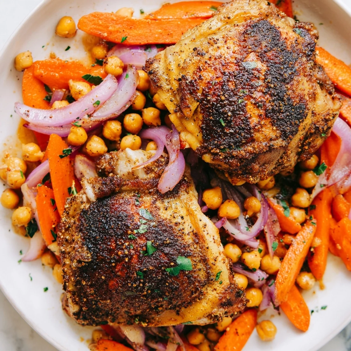 Golden sumac chicken with carrots and chickpeas roasted on a sheet pan