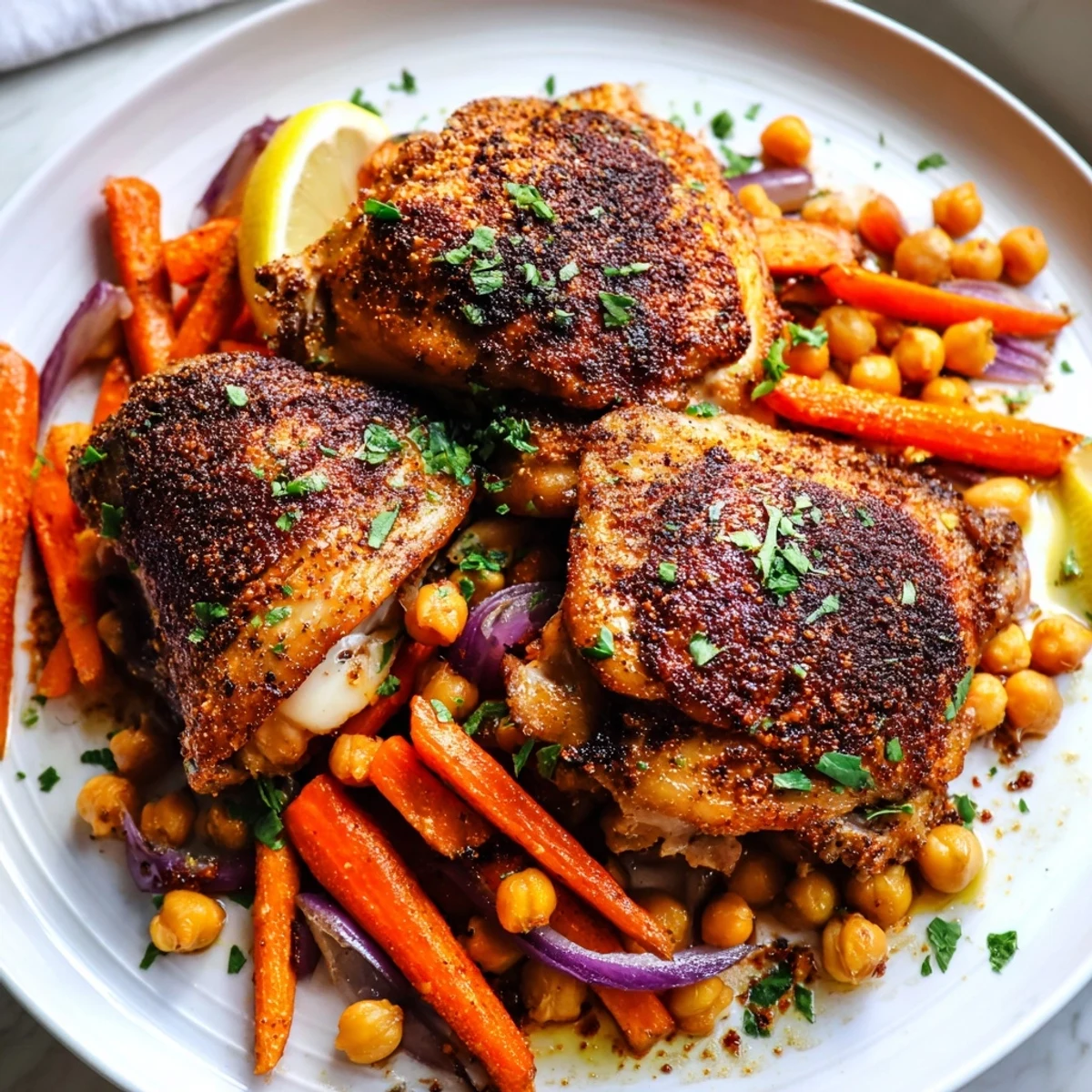 Juicy sumac chicken thighs nestled beside caramelized carrots and hearty chickpeas
