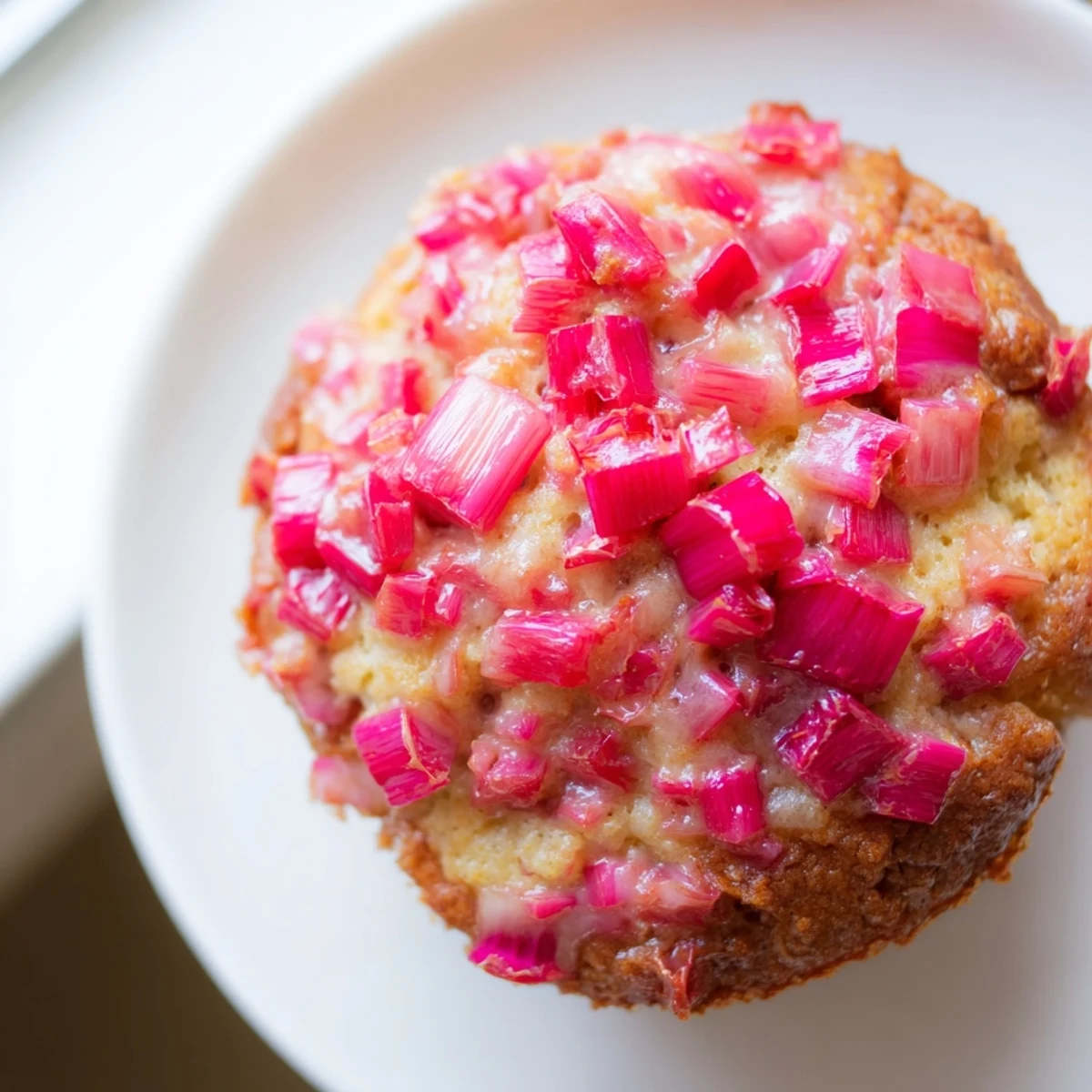 Golden upside down rhubarb muffins with caramelized fruit nestled on top of tender cake