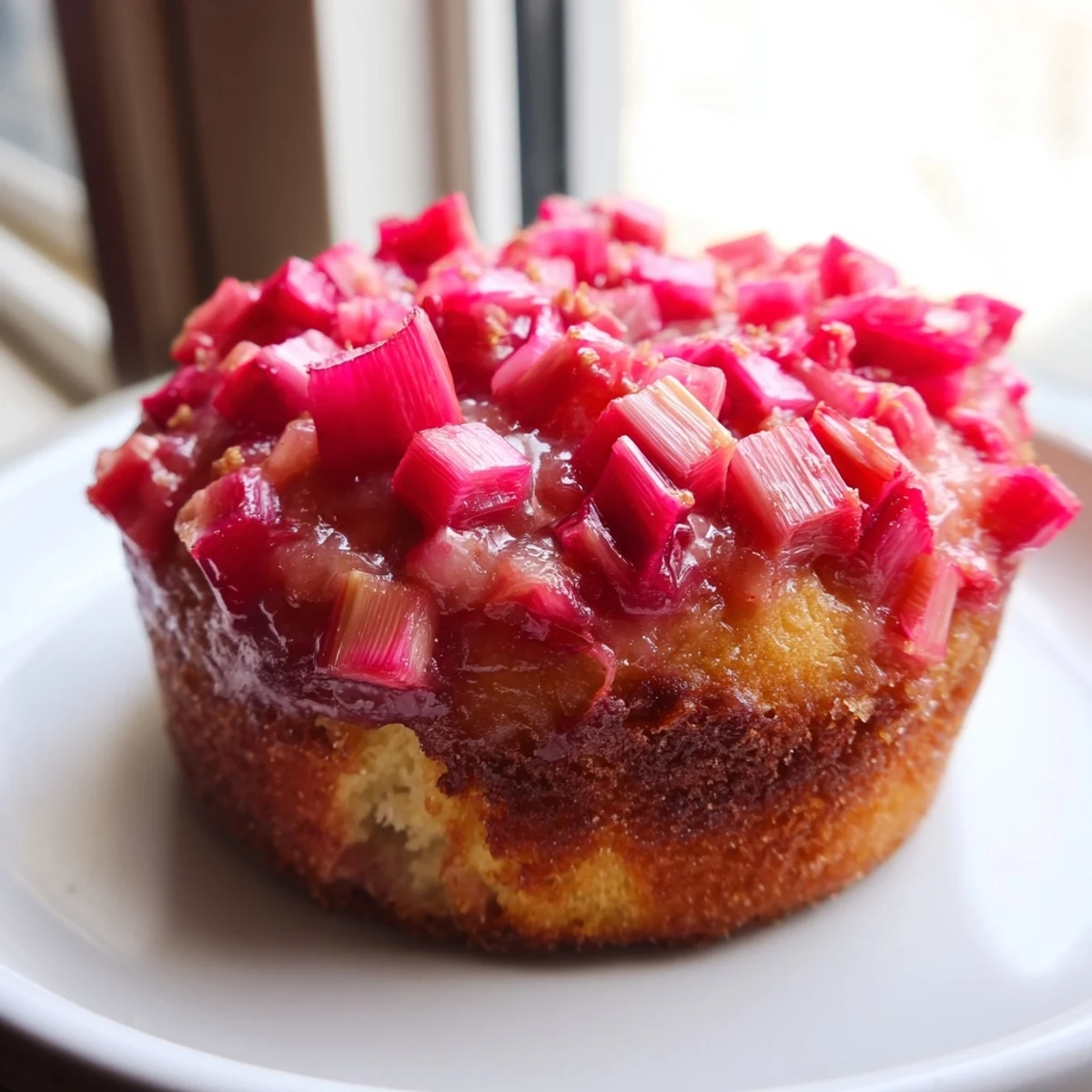 Moist upside down rhubarb muffins flipped to reveal glistening pink tender baked fruit