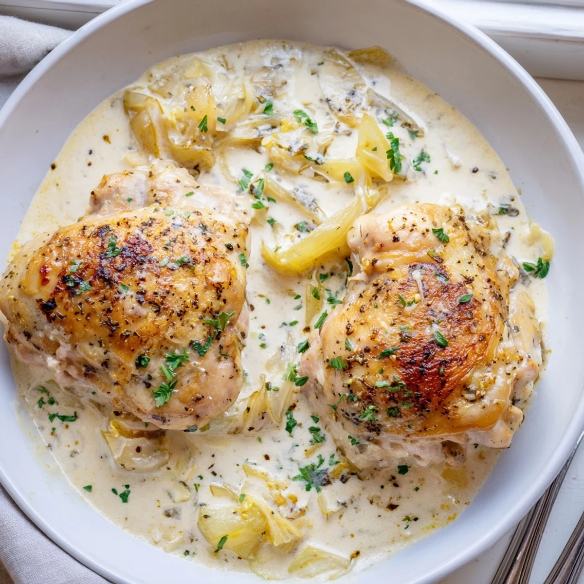 Golden oven baked chicken thighs swimming in a creamy garlic Parmesan sauce