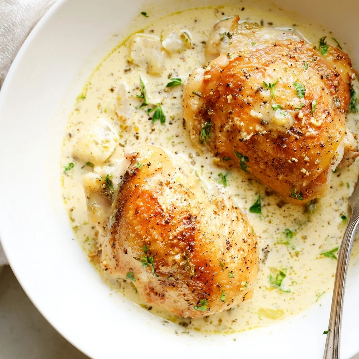 Crispy skinned oven baked chicken thighs nestled in a rich herb cream sauce