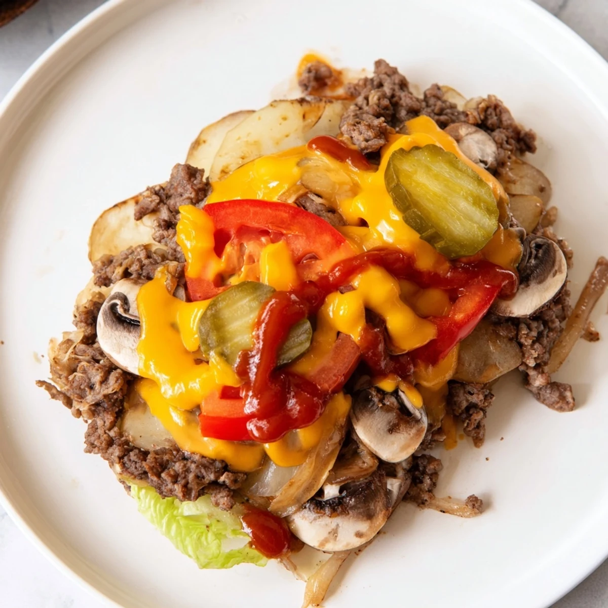 Cheesy ground beef patty with roasted peppers and potatoes in a rustic foil wrapper