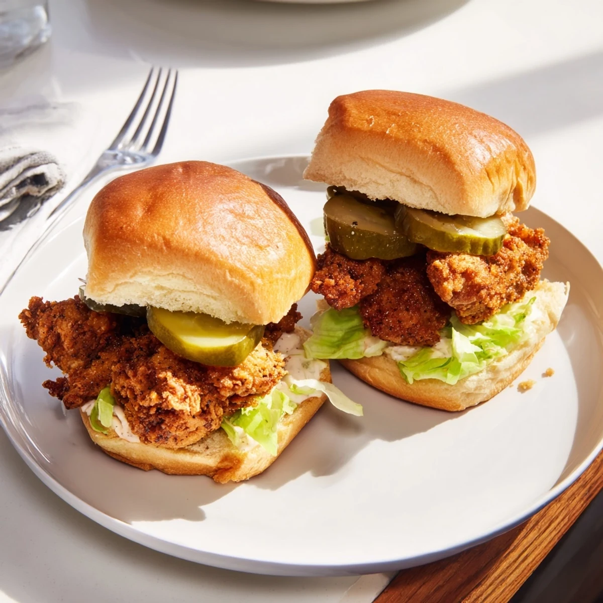 Golden crispy pickle brined fried chicken sliders stacked on soft buns with pickles and lettuce