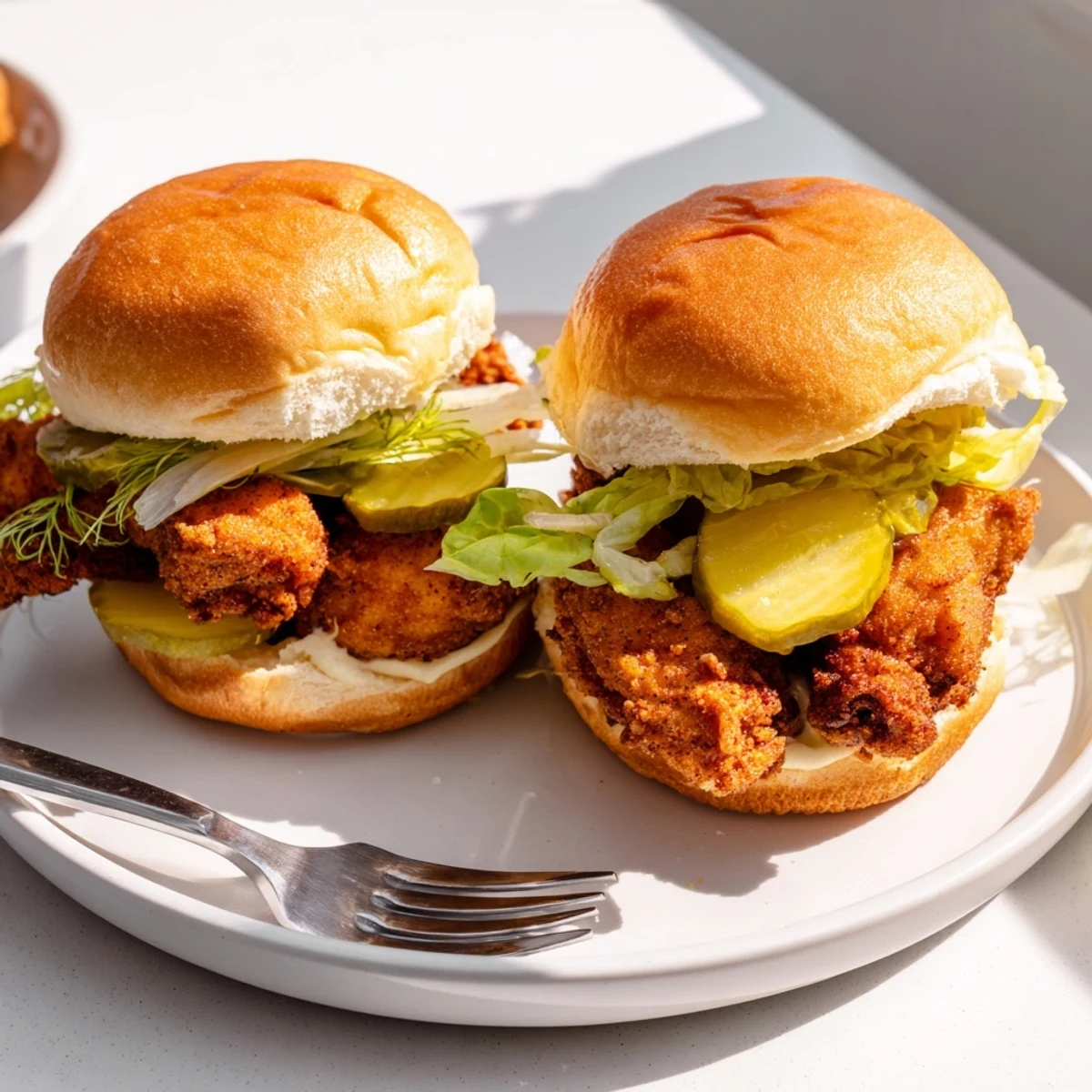 Close-up of pickle brined fried chicken sliders showing crunchy golden coating and zesty toppings
