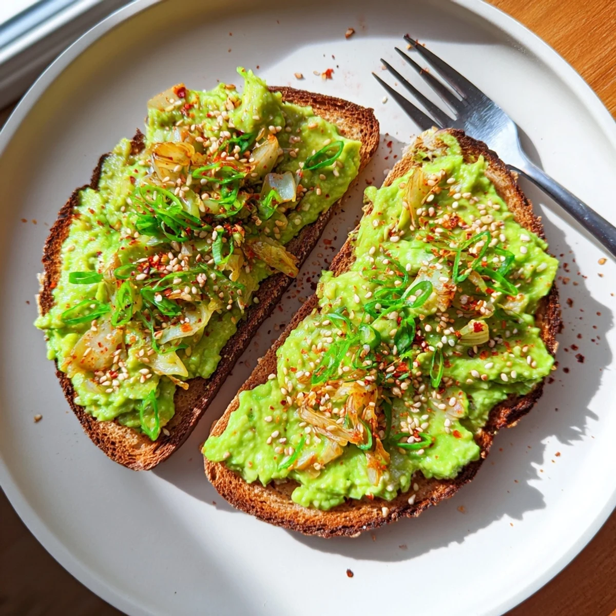 Kimchi avocado toast topped with vibrant red pepper flakes and fresh green onions