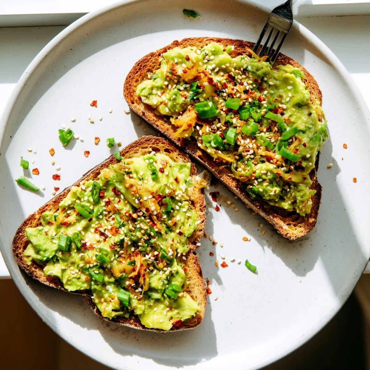 Creamy avocado and spicy kimchi piled on golden sourdough toast with sesame seeds