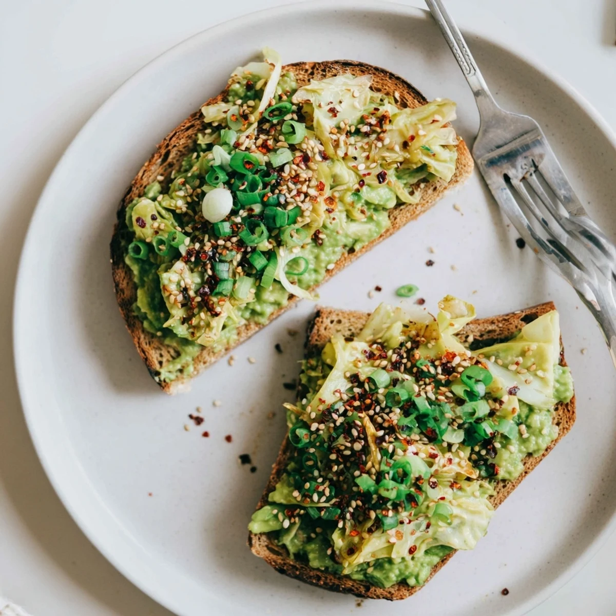 Golden toasted bread layered with mashed avocado and tangy kimchi for a healthy breakfast