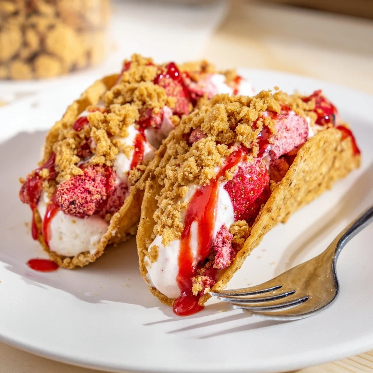 Crispy cinnamon-sugar taco shells filled with creamy strawberry crunch cheesecake tacos topped with golden cookie crumbs