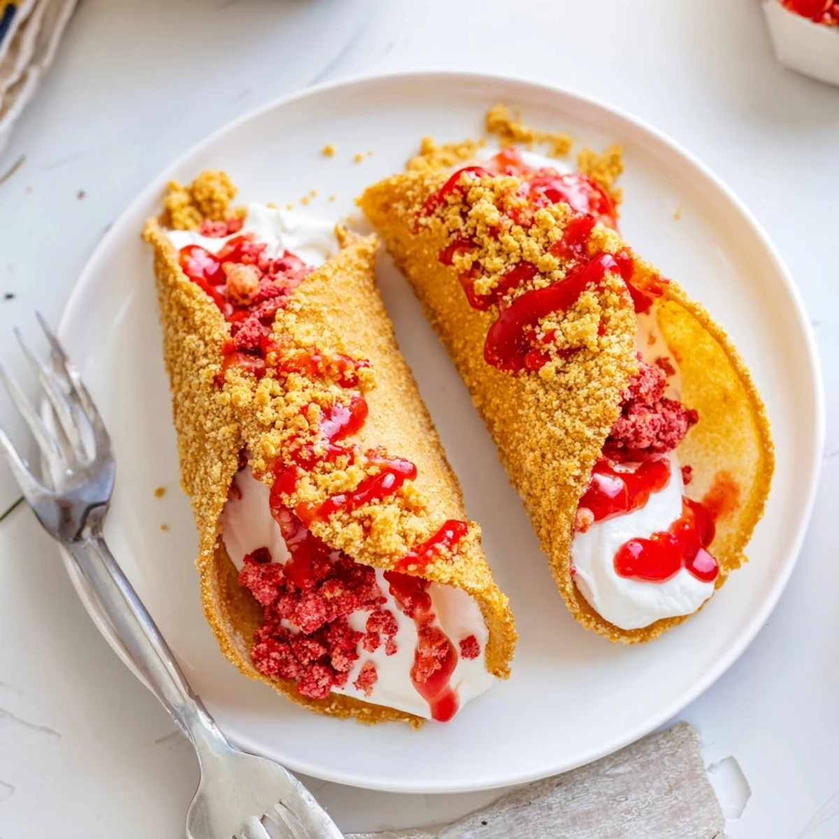 Golden strawberry crunch cheesecake tacos drizzled with glossy berry sauce on a festive party platter