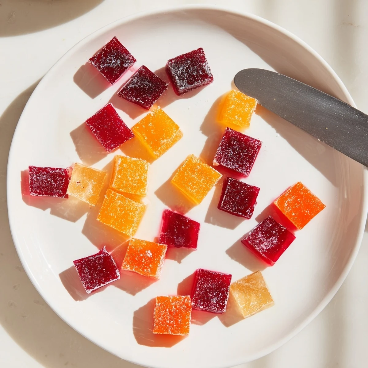 Vibrant collagen fruit jellies gleaming in colorful silicone molds on a chilled marble countertop