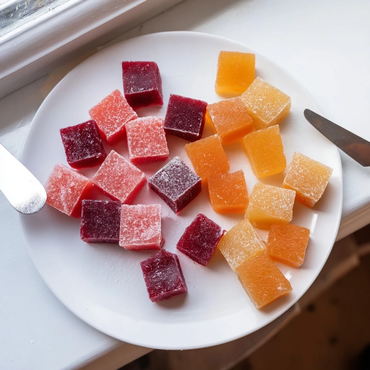 Translucent collagen fruit jellies dusted with cornstarch arranged on a rustic wooden serving board