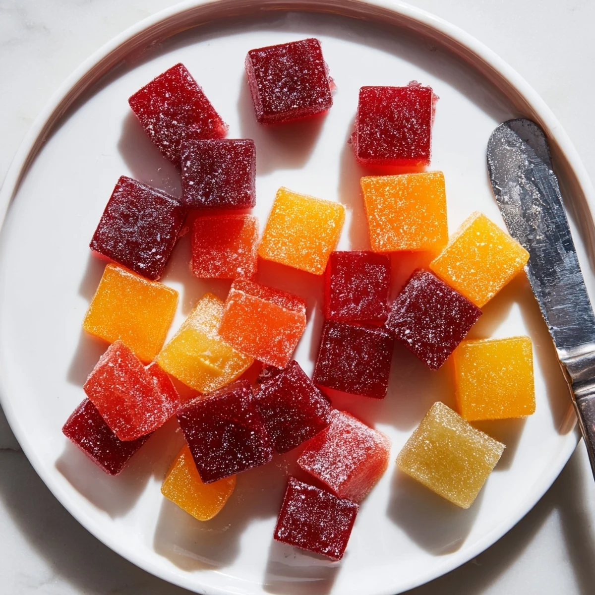 Ruby-red and orange collagen fruit jellies stacked in bite-sized cubes inside a glass storage container