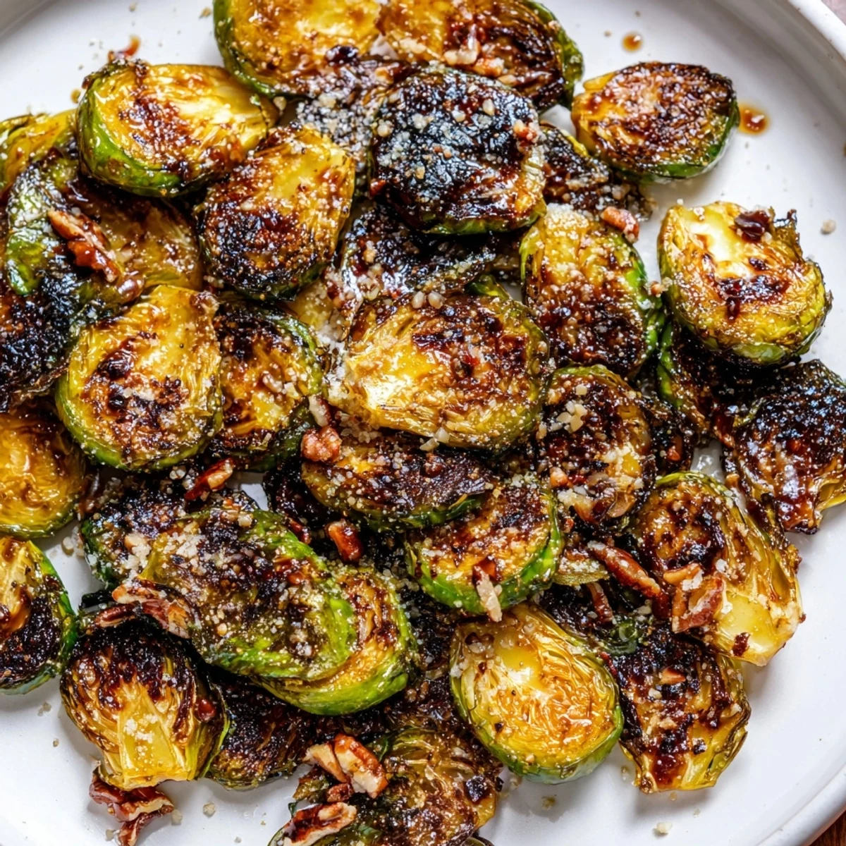 Crispy honey balsamic Brussels sprouts roasted golden on a parchment-lined baking sheet